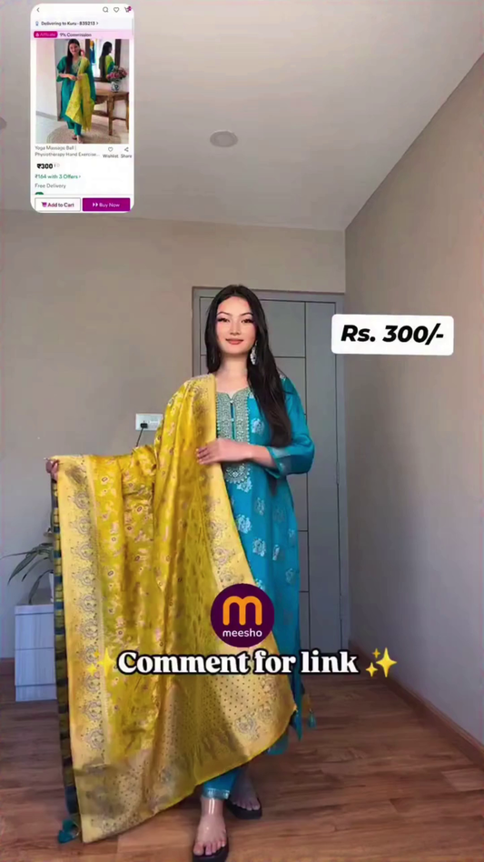 Buy New Stunning ethnic blue kurta set paired with a contrasting yellow Banarasi dupatta and pent set for every traditional function