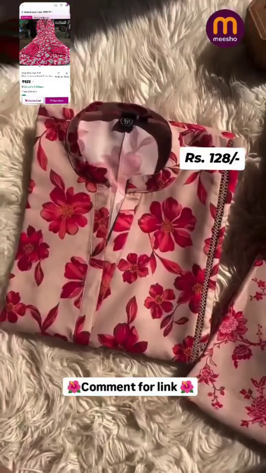 Floral Print Straight Kurti with Mandarin Collar and Three-Quarter Sleeves with same fabric pant and red dupatta set for every occasion