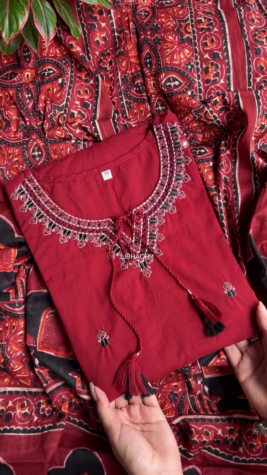 Traditional Maroon Embroidered Kurta with Mirror Work, Tassel Tie Detailing and Ajrak Inspired Printed Dupatta – Elegant Ethnic Wear for Women
