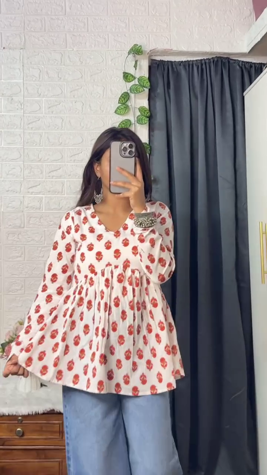 Women’s Stylish Cotton Printed Long Sleeve Peplum Kurti Top with V-Neck, Flared Hem and Floral Hand Block Prints – Casual Ethnic Fusion Wear for Office, College and Daily Outfits