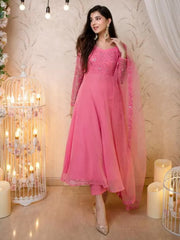 Embroidered Georgette Stitched Anarkali Gown (Pink)