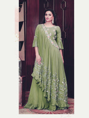 Fancy Embroidered Pista Color Party Look Gown With Jacket
